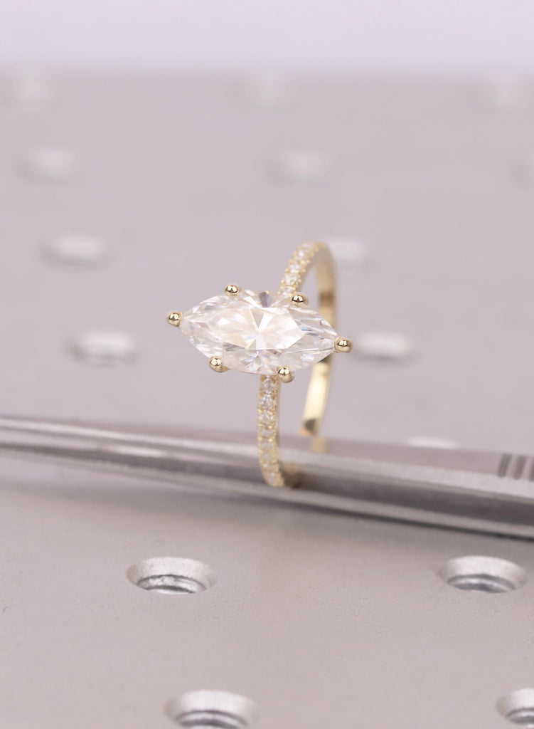 Marquise Cut Moissanite Ring, Moissanite Engagement Ring, 14k/18k Gold or Platinum, Art Deco Diamond Hidden Hallo,  Jewelry Gift for Her image #8