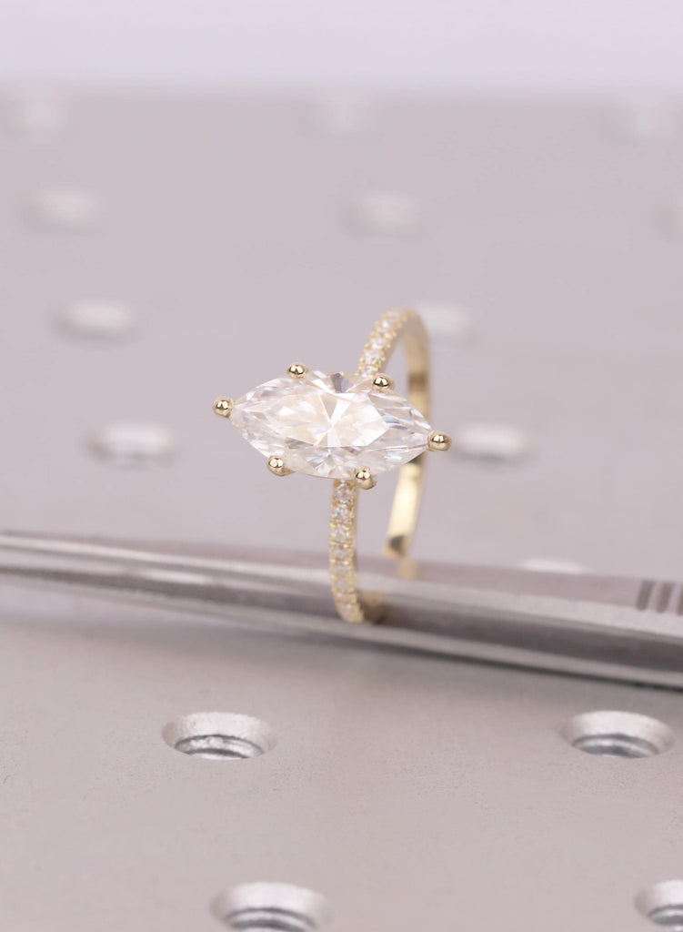 Moissanite Marquise Cut 14K Yellow Gold Engagement Ring, Hidden Halo Diamond Band, Gift for Wife image #9