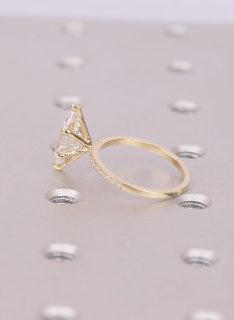 Marquise cut Lab Grown Diamond 14K Gold Ring, Dainty Engagement Ring, Art Deco Hidden Halo Diamond, Solid Gold / Platinum Half Eternity Band image #7