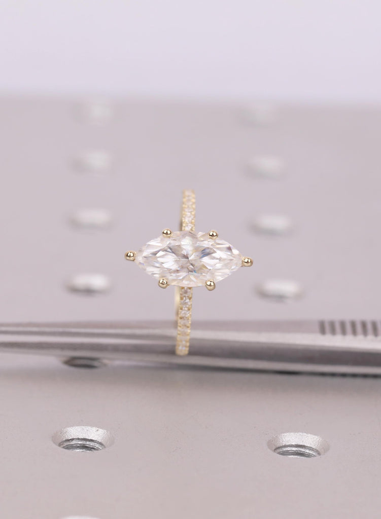 Marquise cut Lab Grown Diamond 14K Gold Ring, Dainty Engagement Ring, Art Deco Hidden Halo Diamond, Solid Gold / Platinum Half Eternity Band