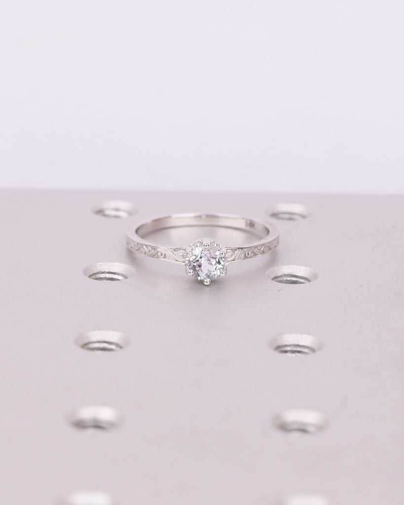 Round Aquamarine Engagement Ring, 14k White Gold Filigree Ring, Anniversary Rings for Women, Hidden Halo Diamond, March Birthstone Jewelry image #10
