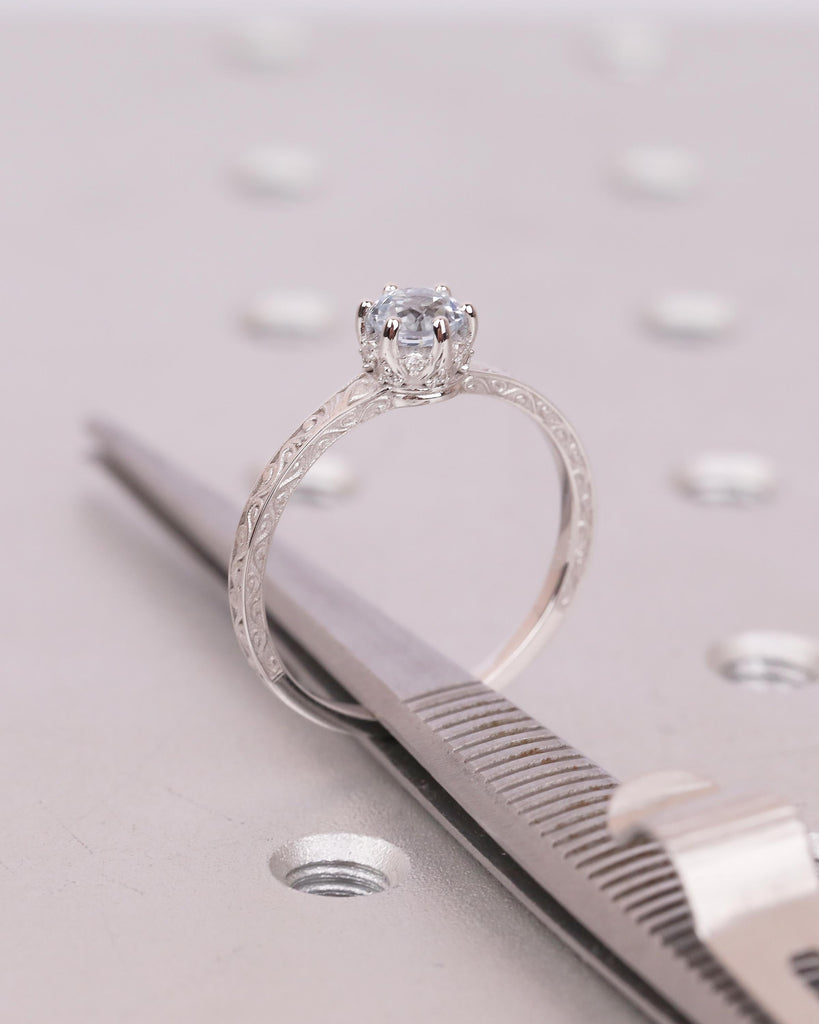 Round Aquamarine Engagement Ring, 14k White Gold Filigree Ring, Anniversary Rings for Women, Hidden Halo Diamond, March Birthstone Jewelry image #13