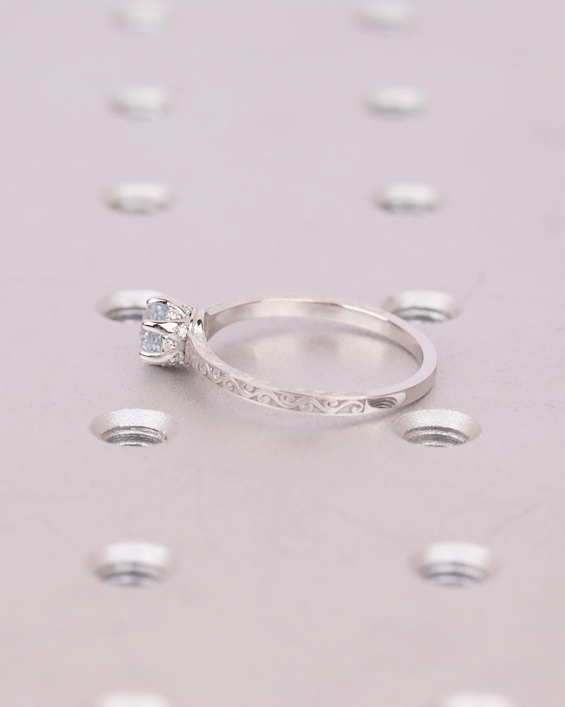 Round Aquamarine Engagement Ring, 14k White Gold Filigree Ring, Anniversary Rings for Women, Hidden Halo Diamond, March Birthstone Jewelry image #16
