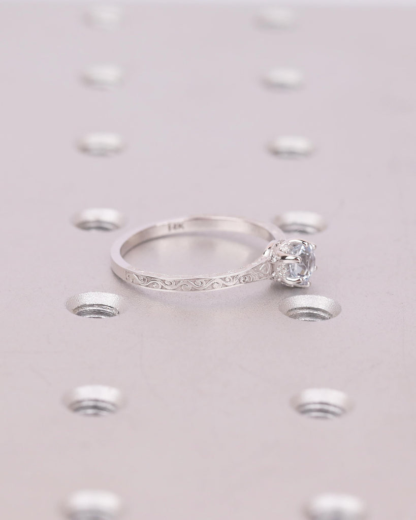 Round Aquamarine Engagement Ring, 14k White Gold Filigree Ring, Anniversary Rings for Women, Hidden Halo Diamond, March Birthstone Jewelry image #8