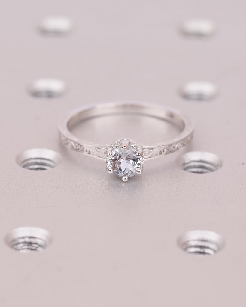 Round Aquamarine Engagement Ring, 14k White Gold Filigree Ring, Anniversary Rings for Women, Hidden Halo Diamond, March Birthstone Jewelry image #14