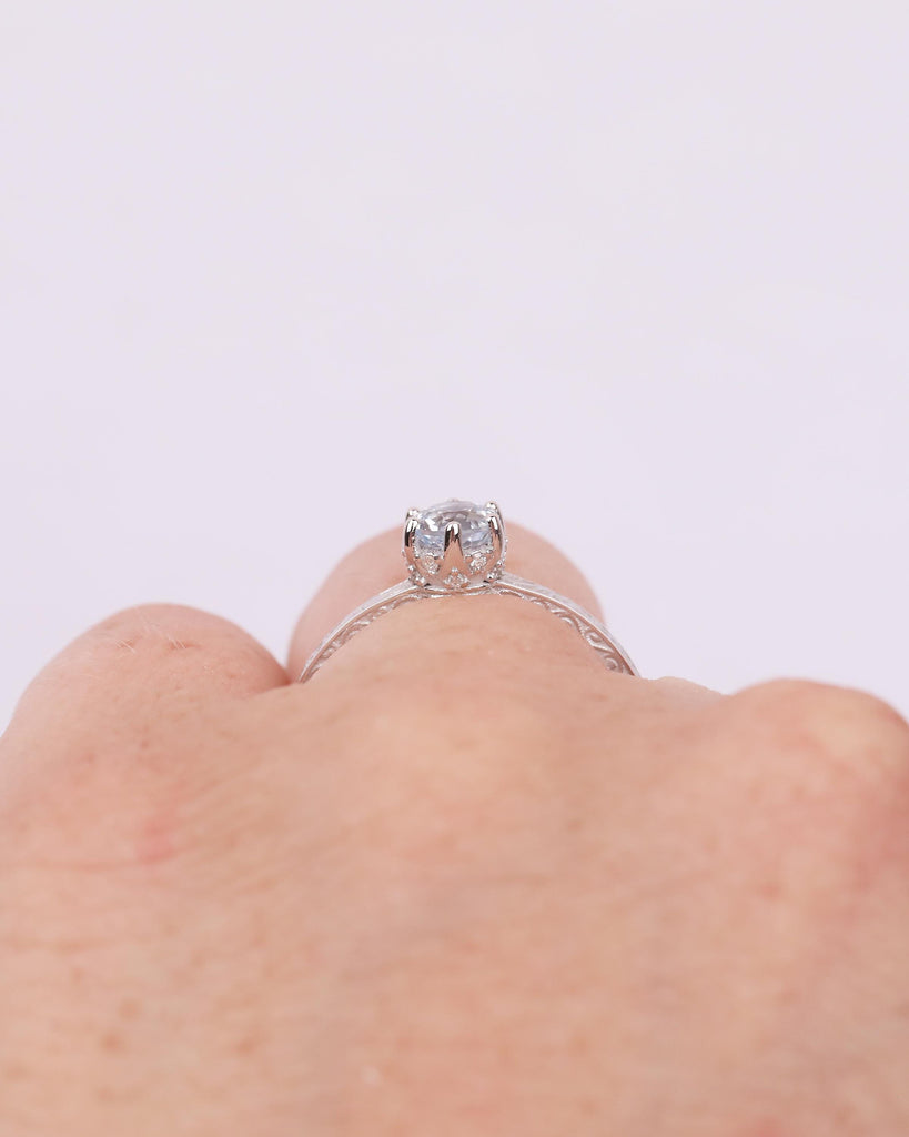 Round Aquamarine Engagement Ring, 14k White Gold Filigree Ring, Anniversary Rings for Women, Hidden Halo Diamond, March Birthstone Jewelry image #17