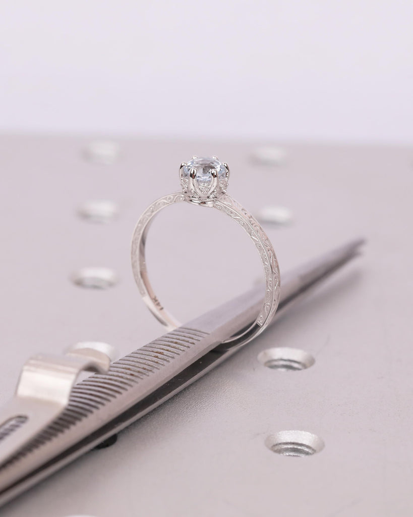 Round Aquamarine Engagement Ring, 14k White Gold Filigree Ring, Anniversary Rings for Women, Hidden Halo Diamond, March Birthstone Jewelry image #15