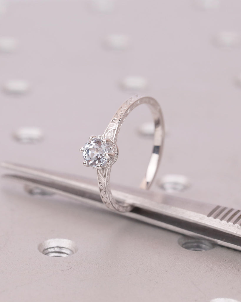 Round Aquamarine Engagement Ring, 14k White Gold Filigree Ring, Anniversary Rings for Women, Hidden Halo Diamond, March Birthstone Jewelry image #18