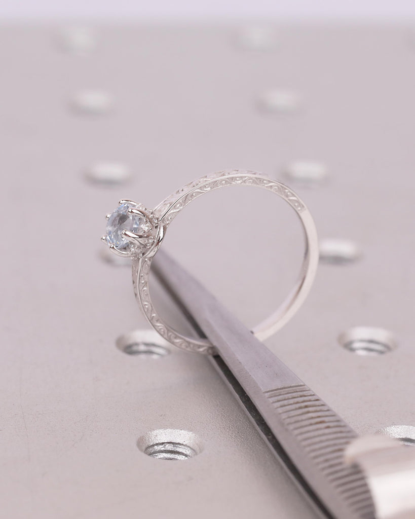 Round Aquamarine Engagement Ring, 14k White Gold Filigree Ring, Anniversary Rings for Women, Hidden Halo Diamond, March Birthstone Jewelry image #20