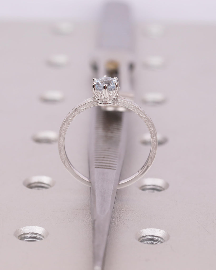 Round Aquamarine Engagement Ring, 14k White Gold Filigree Ring, Anniversary Rings for Women, Hidden Halo Diamond, March Birthstone Jewelry image #7