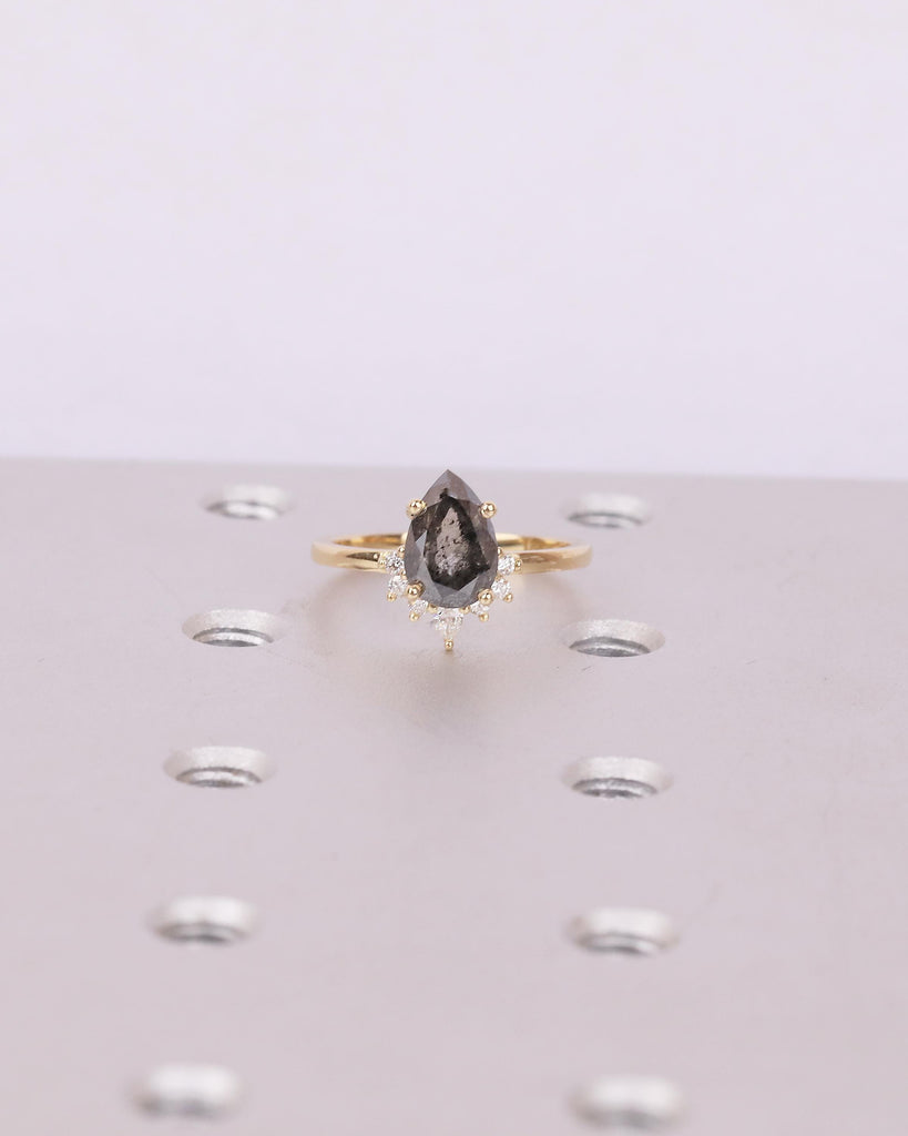 Pear Cut Salt and Pepper Diamond Engagement Ring