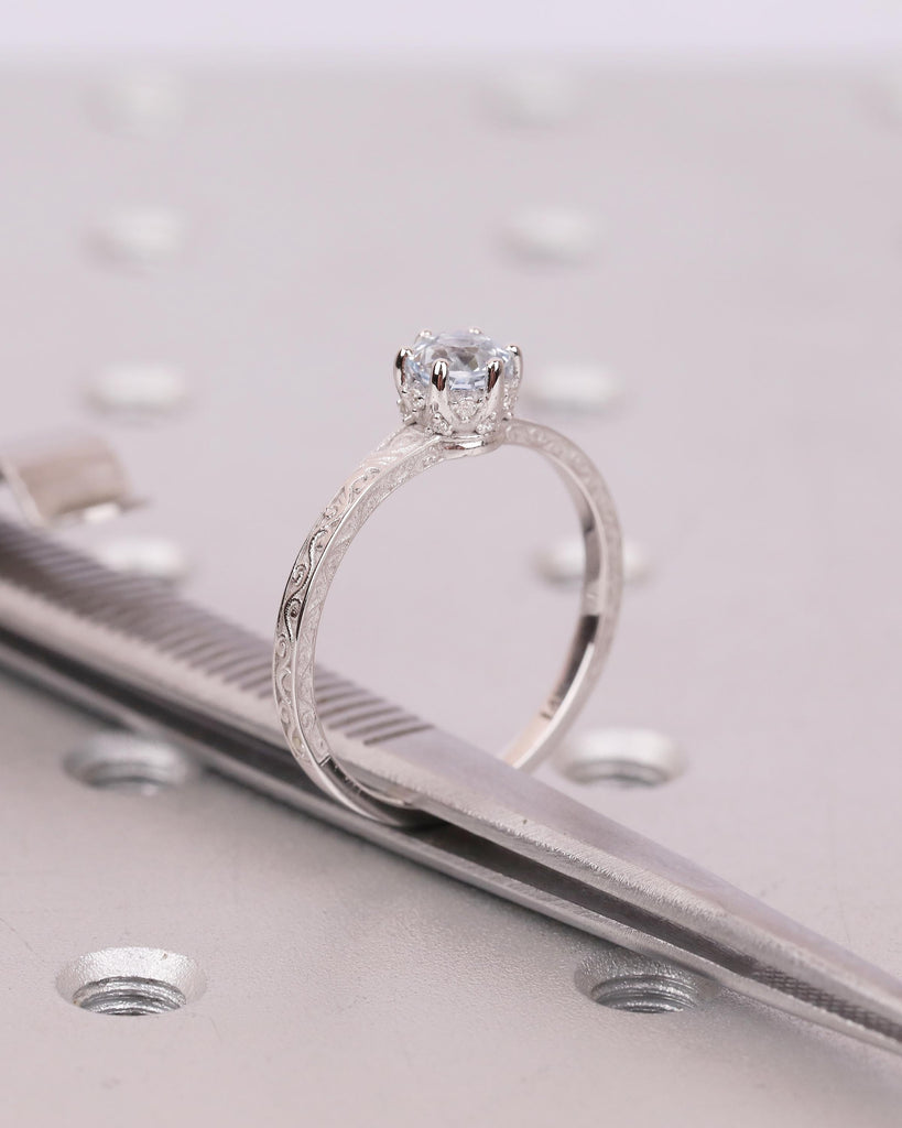 Round Aquamarine Engagement Ring, 14k White Gold Filigree Ring, Anniversary Rings for Women, Hidden Halo Diamond, March Birthstone Jewelry image #2