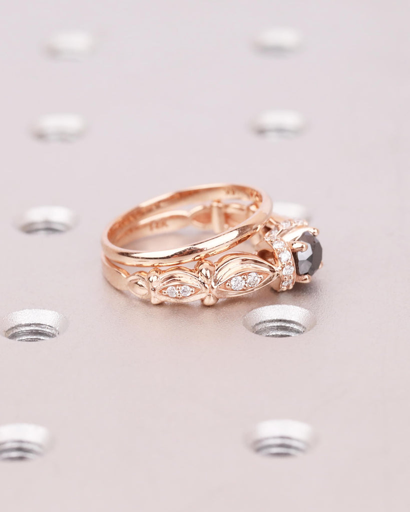 Unique Engagement Ring Set: 14K Rose Gold, Art Deco Round Black Diamond Ring, 1.8mm Wedding Band, Floral Promise Ring for Women image #8