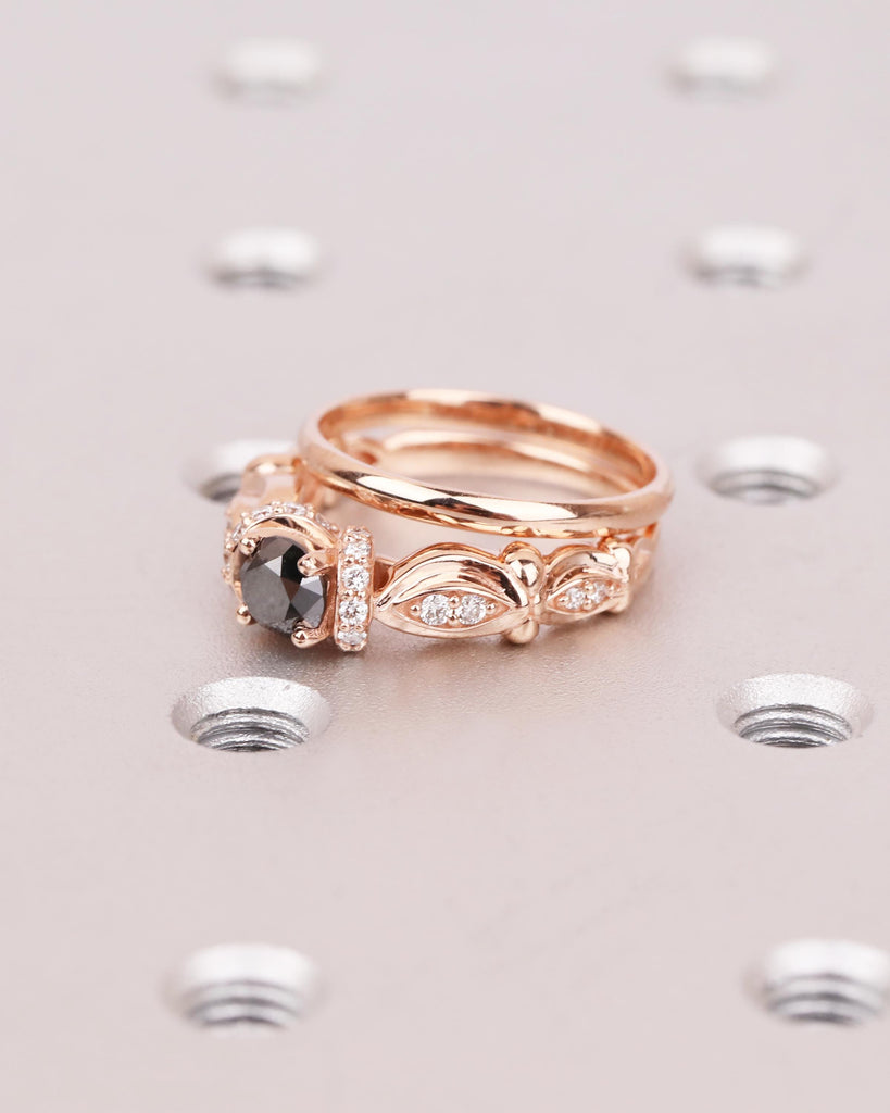 Unique Engagement Ring Set: 14K Rose Gold, Art Deco Round Black Diamond Ring, 1.8mm Wedding Band, Floral Promise Ring for Women image #6