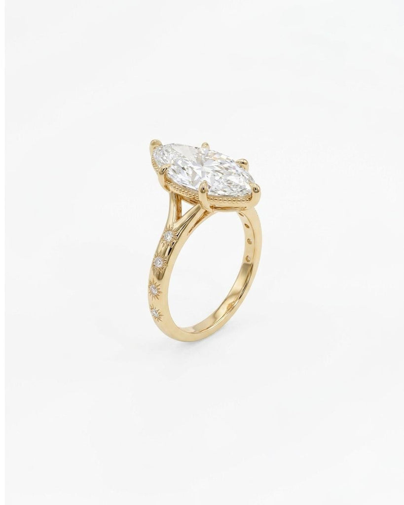 Marquise Cut Moissanite Engagement Ring, Split Shank 14k Gold Promise Ring for Her, Star Set Diamond Accents, Vintage Inspired Bridal Rings image #5