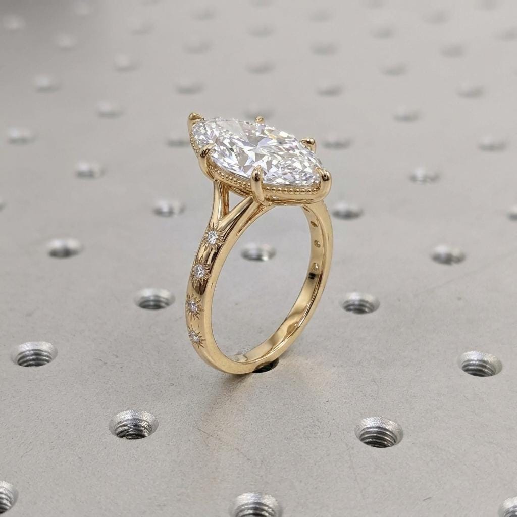 Marquise Cut Moissanite Engagement Ring, Split Shank 14k Gold Promise Ring for Her, Star Set Diamond Accents, Vintage Inspired Bridal Rings image #2