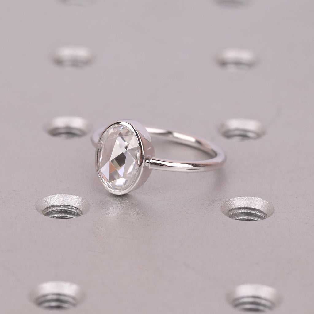 Moissanite Engagement Rings for Women | 14k/18k White Gold Oval Rose cut Solitaire Ring | Bezel set Promise Ring image #8