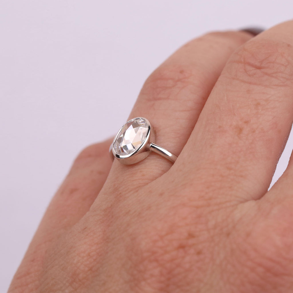 Moissanite Engagement Rings for Women | 14k/18k White Gold Oval Rose cut Solitaire Ring | Bezel set Promise Ring image #15