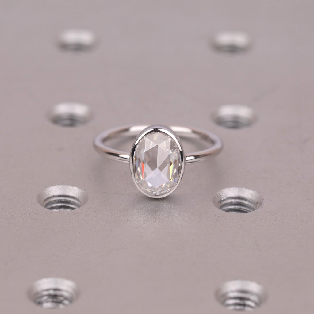 Moissanite Engagement Rings for Women | 14k/18k White Gold Oval Rose cut Solitaire Ring | Bezel set Promise Ring image #9
