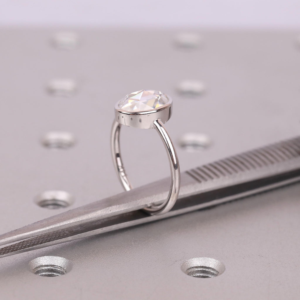 Moissanite Engagement Rings for Women | 14k/18k White Gold Oval Rose cut Solitaire Ring | Bezel set Promise Ring image #13