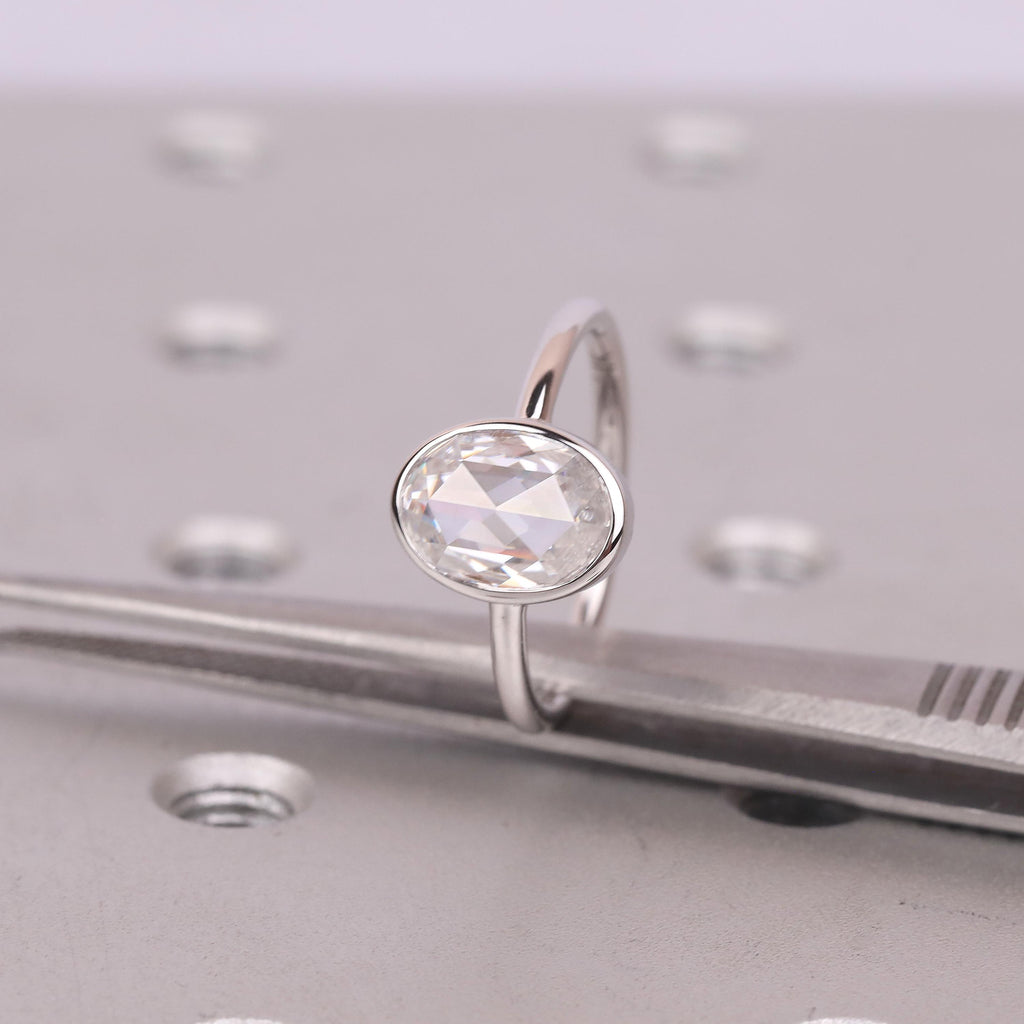 2ct Moissanite Engagement Rings for Women | 14k/18k White Gold Oval Rose cut Solitaire Ring | Bezel set Promise Ring