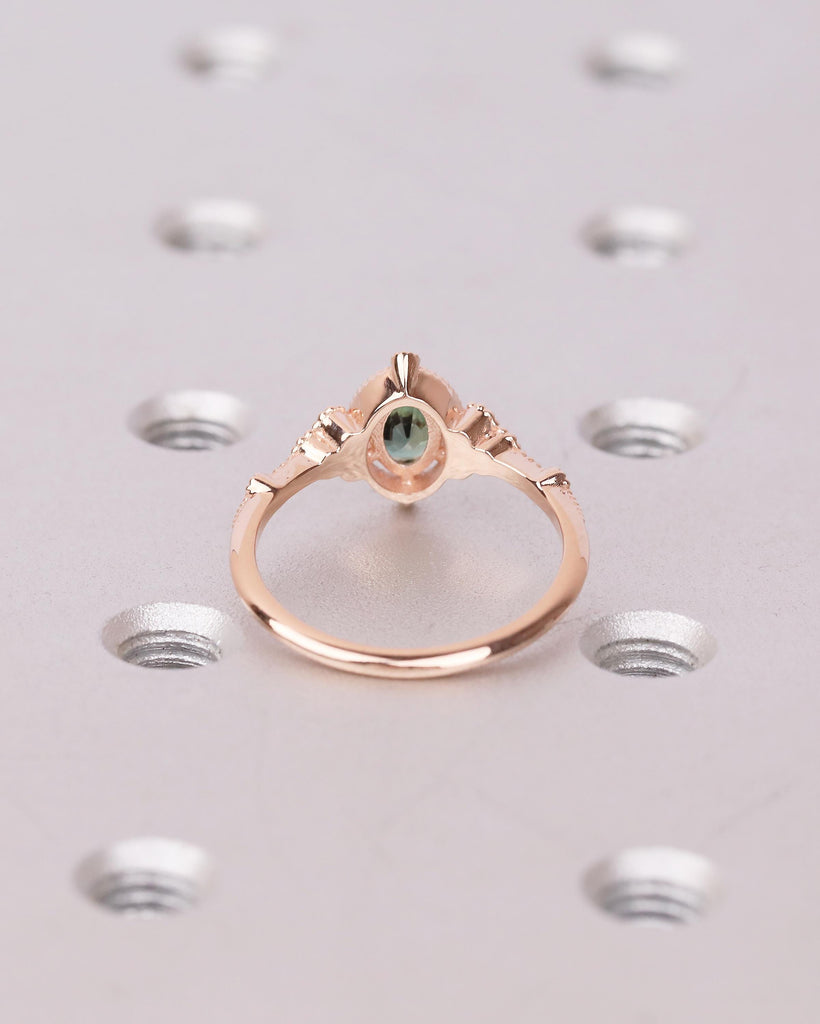 Antique 14k Rose Gold Teal Sapphire Ring, Oval Engagement Ring, Victorian Style Art Deco Statement Rings, Birthstone Jewelry, Milgrain Band image #6