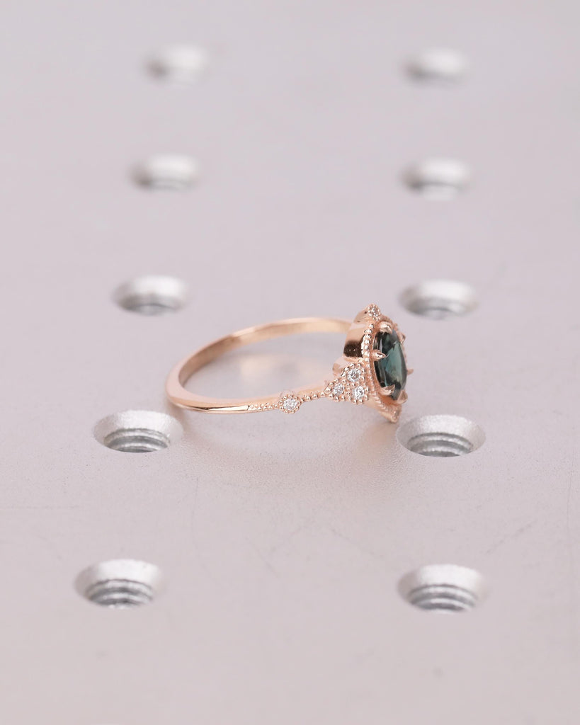 Antique 14k Rose Gold Teal Sapphire Ring, Oval Engagement Ring, Victorian Style Art Deco Statement Rings, Birthstone Jewelry, Milgrain Band image #3