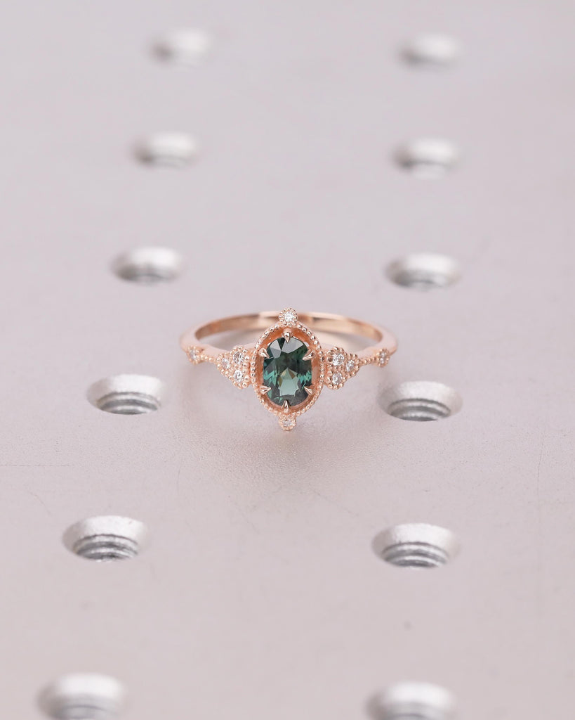 Antique 14k Rose Gold Teal Sapphire Ring, Oval Engagement Ring, Victorian Style Art Deco Statement Rings, Birthstone Jewelry, Milgrain Band image #19