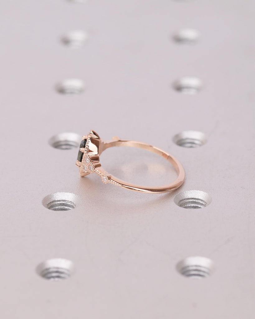 Antique 14k Rose Gold Teal Sapphire Ring, Oval Engagement Ring, Victorian Style Art Deco Statement Rings, Birthstone Jewelry, Milgrain Band image #15