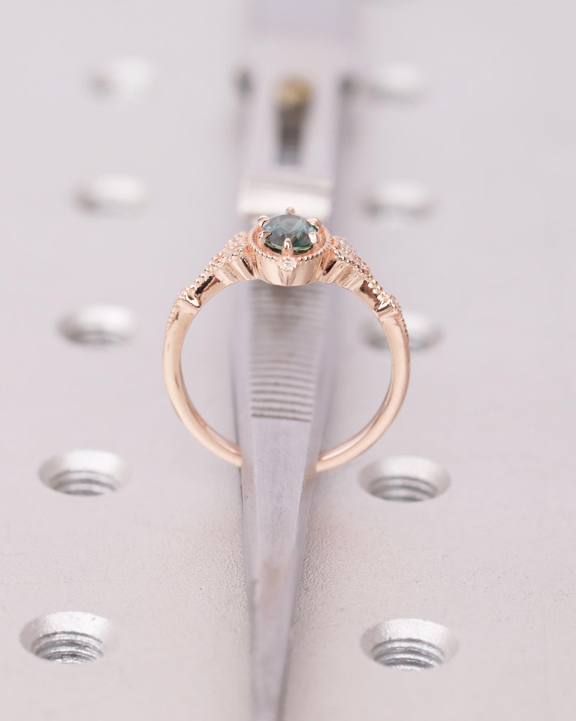 Antique 14k Rose Gold Teal Sapphire Ring, Oval Engagement Ring, Victorian Style Art Deco Statement Rings, Birthstone Jewelry, Milgrain Band image #7