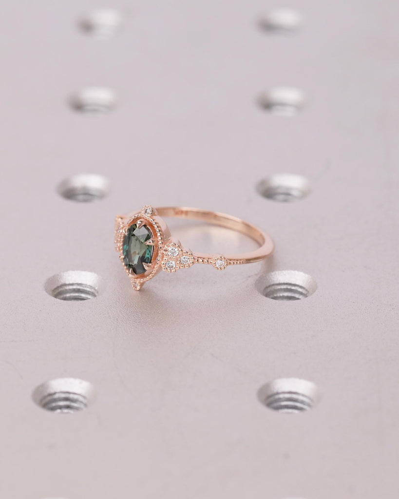 Antique 14k Rose Gold Teal Sapphire Ring, Oval Engagement Ring, Victorian Style Art Deco Statement Rings, Birthstone Jewelry, Milgrain Band image #8