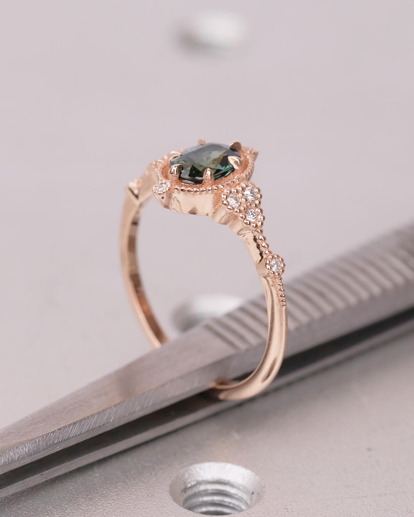 Antique 14k Rose Gold Teal Sapphire Ring, Oval Engagement Ring, Victorian Style Art Deco Statement Rings, Birthstone Jewelry, Milgrain Band image #12