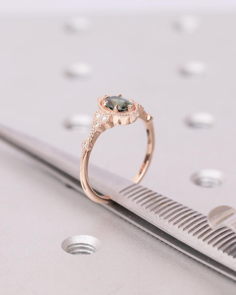Antique 14k Rose Gold Teal Sapphire Ring, Oval Engagement Ring, Victorian Style Art Deco Statement Rings, Birthstone Jewelry, Milgrain Band image #17