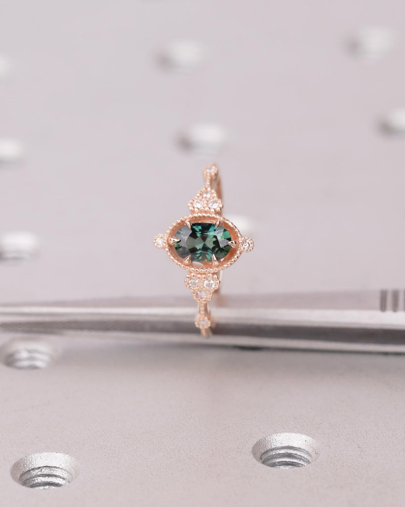 Antique 14k Rose Gold Teal Sapphire Ring, Oval Engagement Ring, Victorian Style Art Deco Statement Rings, Birthstone Jewelry, Milgrain Band image #16