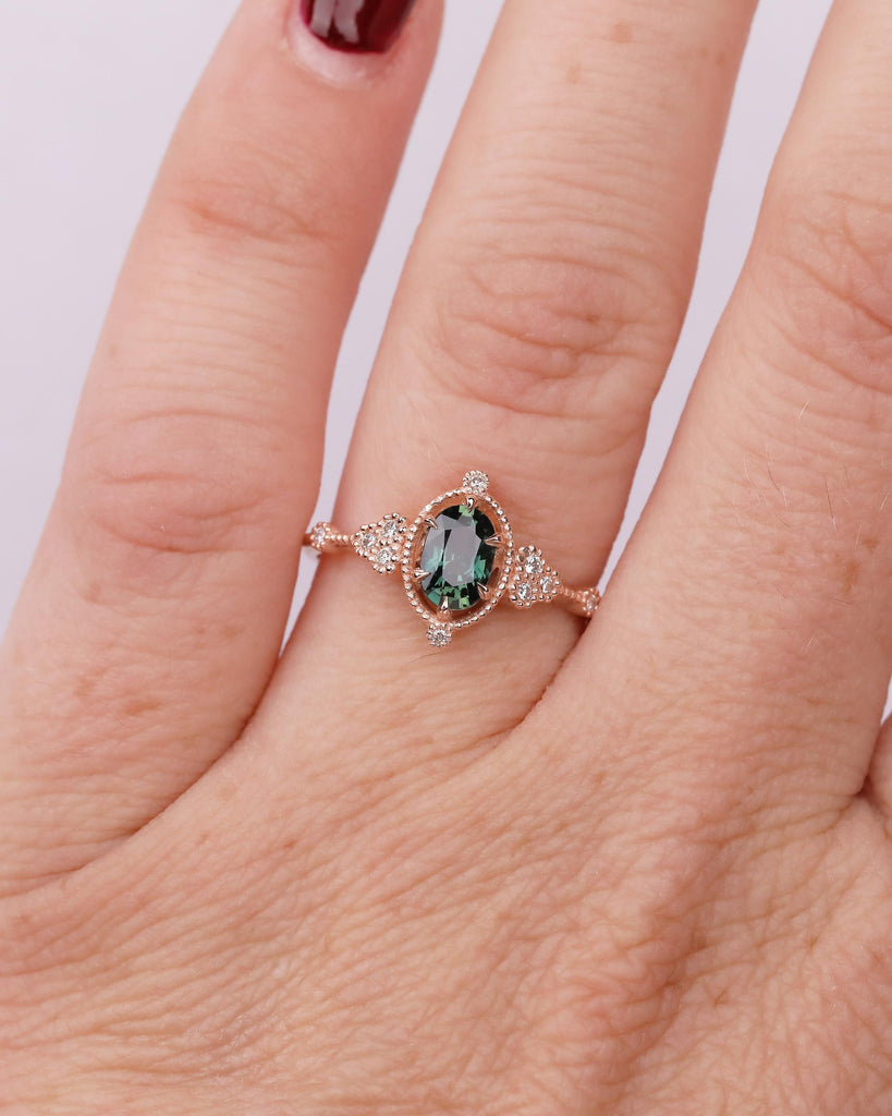 Antique 14k Rose Gold Teal Sapphire Ring, Oval Engagement Ring, Victorian Style Art Deco Statement Rings, Birthstone Jewelry, Milgrain Band image #13