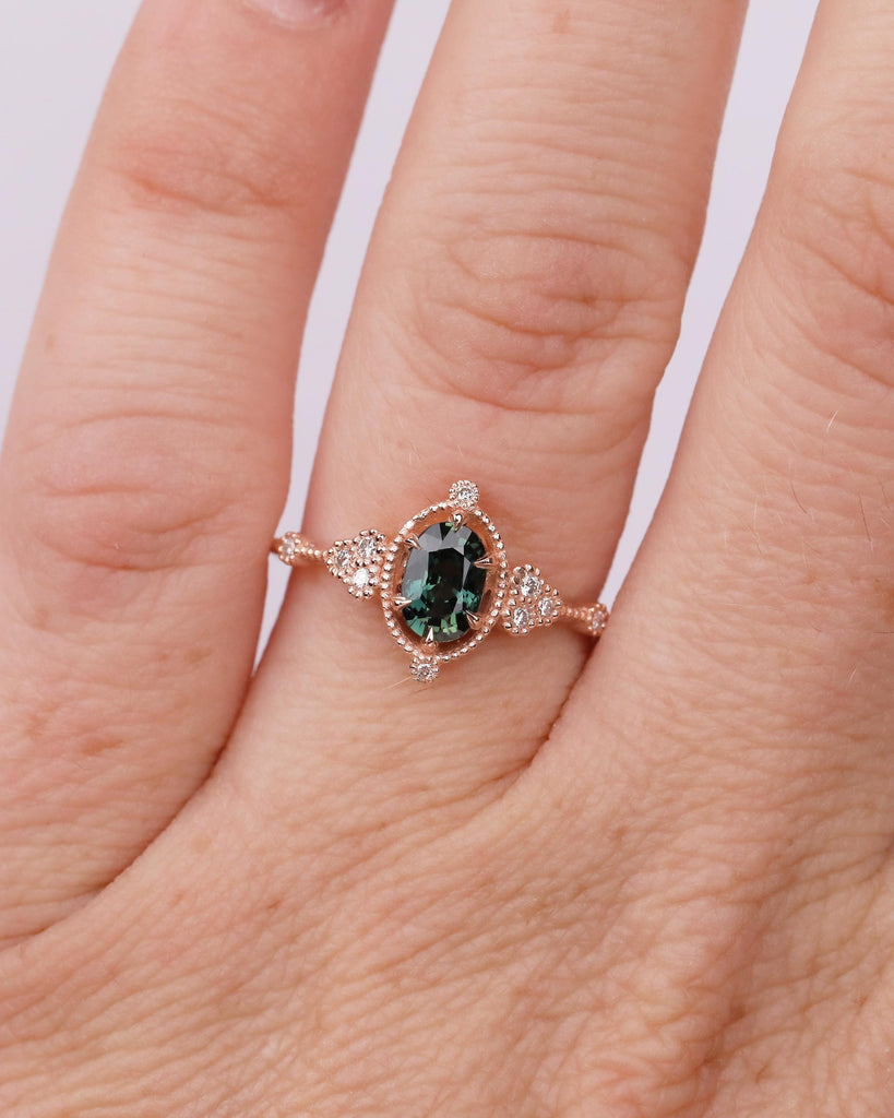 Antique 14k Rose Gold Teal Sapphire Ring, Oval Engagement Ring, Victorian Style Art Deco Statement Rings, Birthstone Jewelry, Milgrain Band image #10