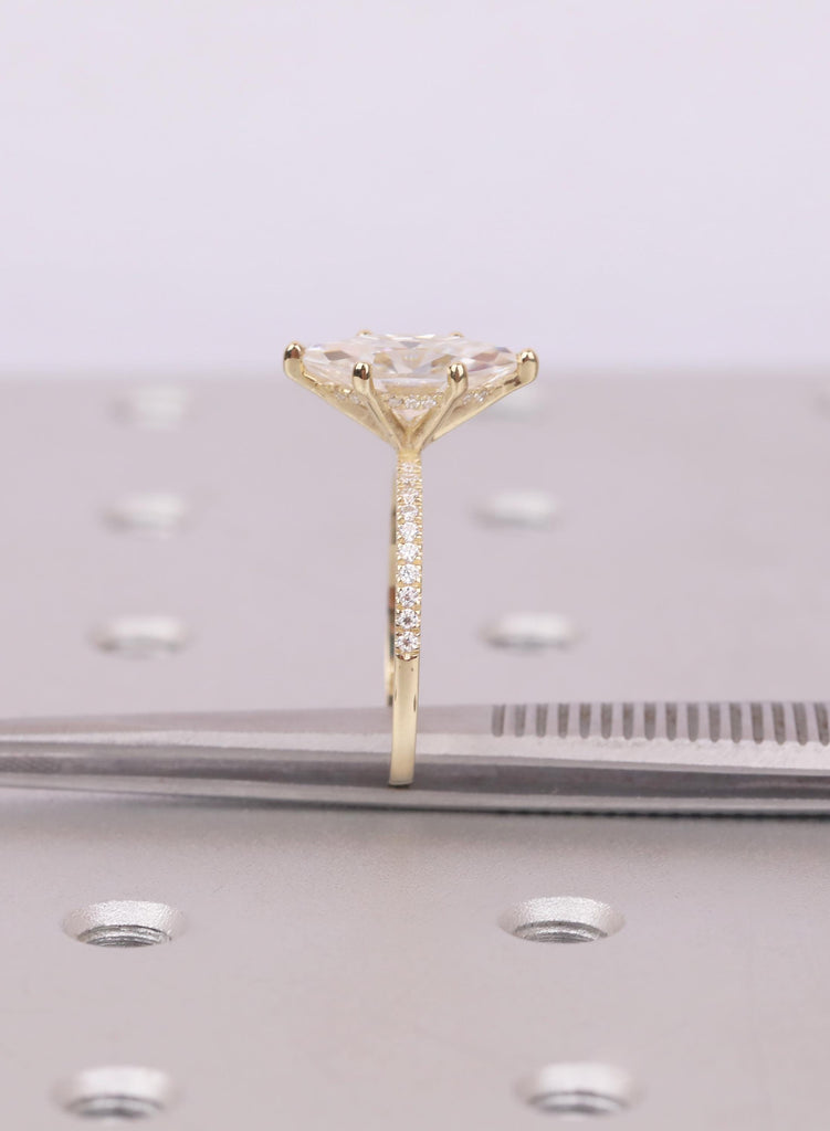 Wedding Ring Set, Marquise Cut Moissanite Engagement Ring Set, Round Diamond 14K Gold Pave Band, Dainty Diamond Matching Band, Six Prong Set image #12