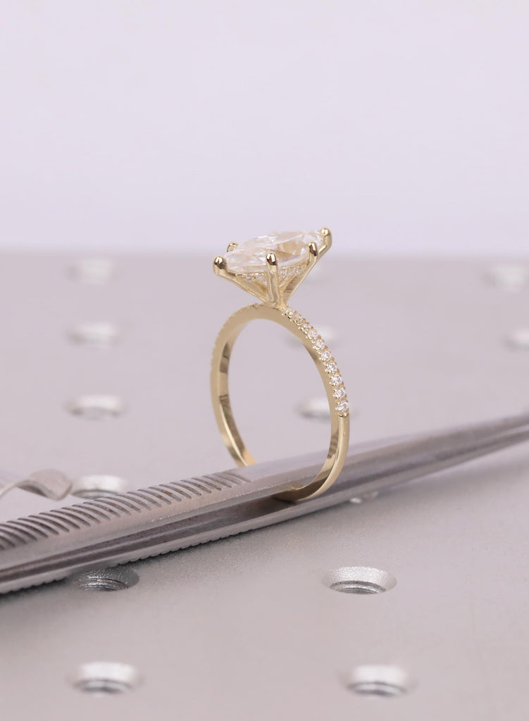 Wedding Ring Set, Marquise Cut Moissanite Engagement Ring Set, Round Diamond 14K Gold Pave Band, Dainty Diamond Matching Band, Six Prong Set image #13