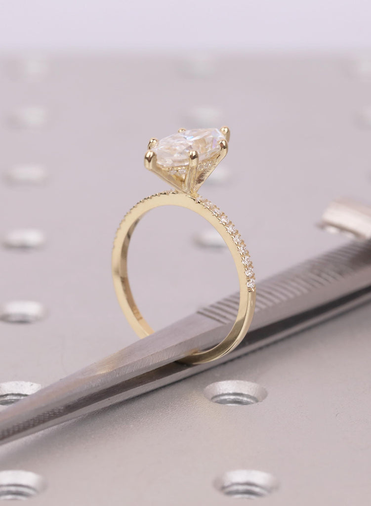 Wedding Ring Set, Marquise Cut Moissanite Engagement Ring Set, Round Diamond 14K Gold Pave Band, Dainty Diamond Matching Band, Six Prong Set image #14