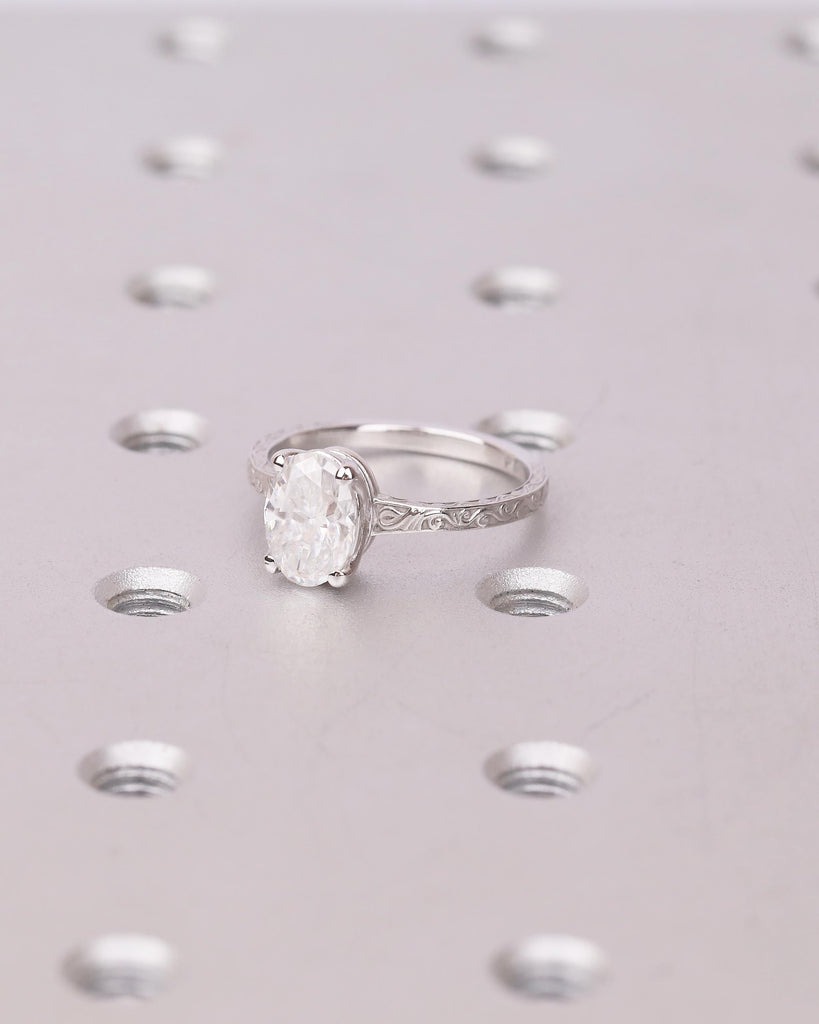 Oval Lab Grown Diamond Ring, Platinum Engagement Ring, Scrollwork Band, Personalized Handmade Jewelry, Vintage Solitaire Rings for Women image #3
