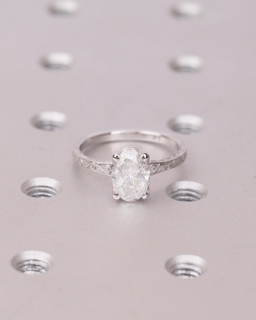 Oval Lab Grown Diamond Ring, Platinum Engagement Ring, Scrollwork Band, Personalized Handmade Jewelry, Vintage Solitaire Rings for Women image #8