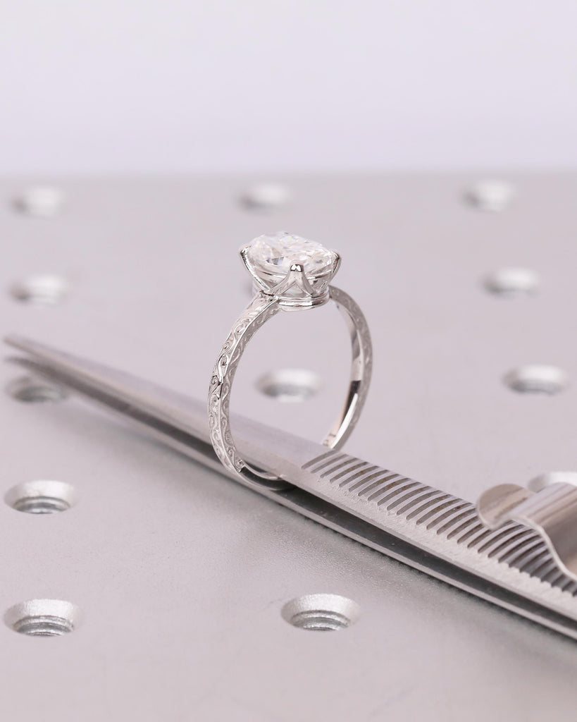Oval Lab Grown Diamond Ring, Platinum Engagement Ring, Scrollwork Band, Personalized Handmade Jewelry, Vintage Solitaire Rings for Women image #9