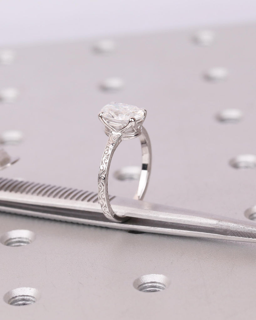 Oval Lab Grown Diamond Ring, Platinum Engagement Ring, Scrollwork Band, Personalized Handmade Jewelry, Vintage Solitaire Rings for Women image #16
