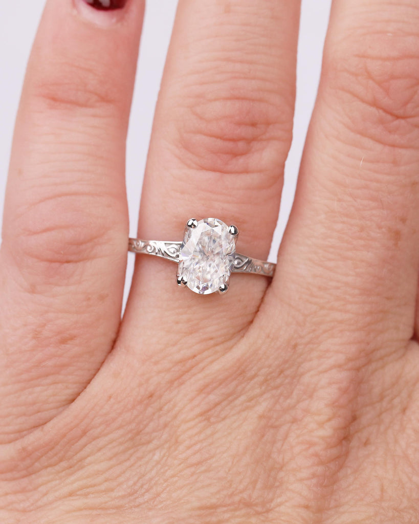 Oval Lab Grown Diamond Ring, Platinum Engagement Ring, Scrollwork Band, Personalized Handmade Jewelry, Vintage Solitaire Rings for Women image #11