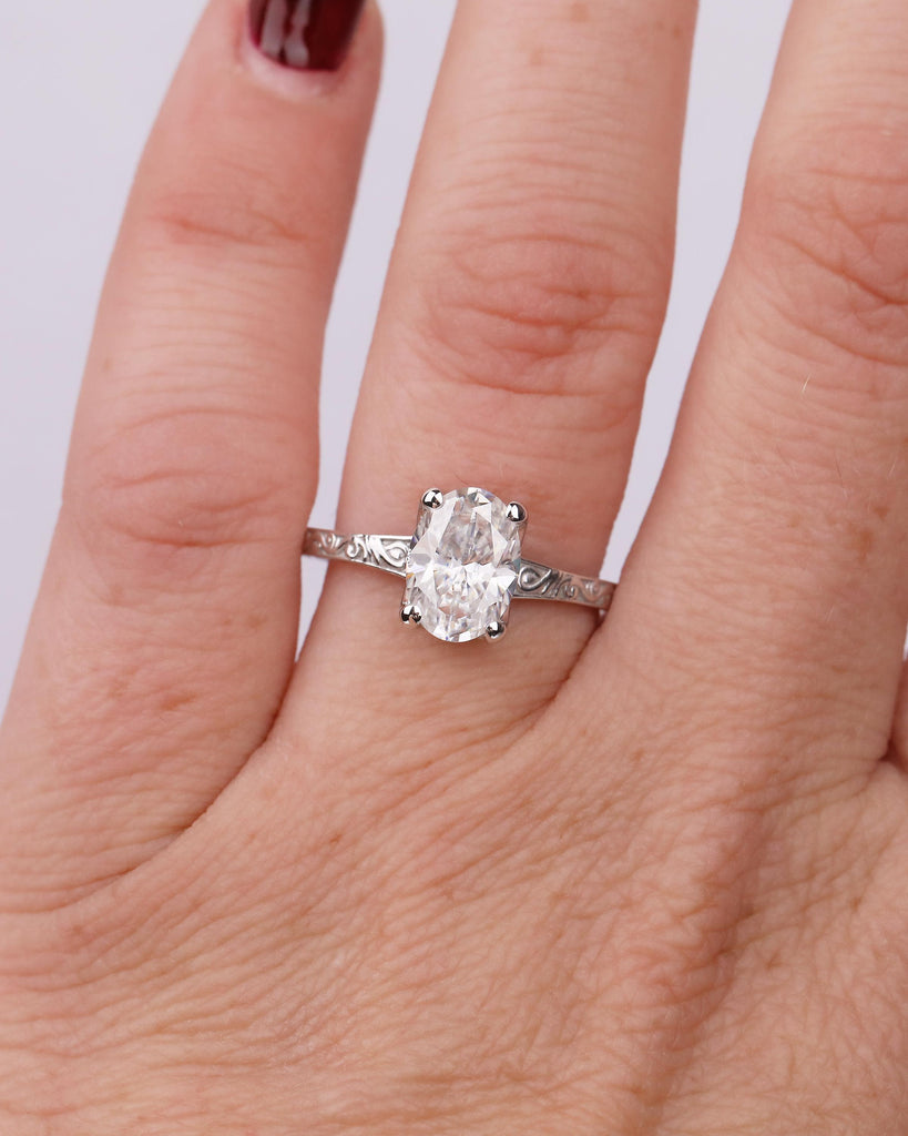Oval Lab Grown Diamond Ring, Platinum Engagement Ring, Scrollwork Band, Personalized Handmade Jewelry, Vintage Solitaire Rings for Women image #15