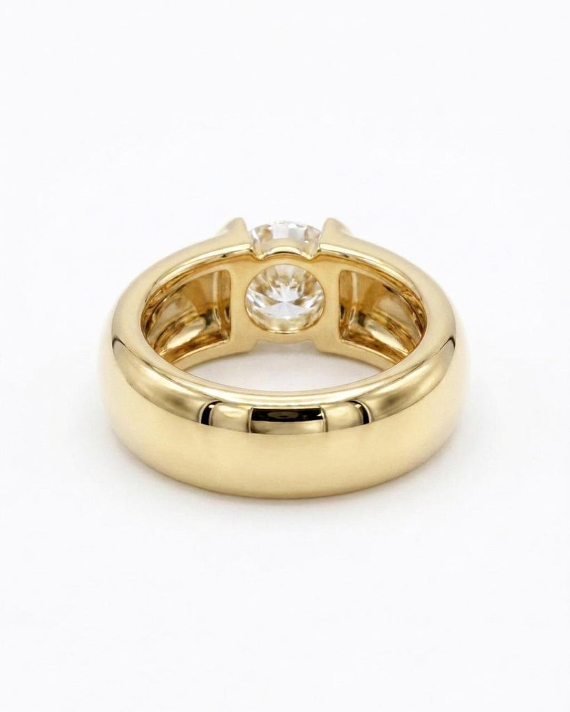 Round Moissanite Cigar Band Engagement Ring, 14k Solid Gold Wide Band Promise Ring for Her, Thick Band Statement Ring, Modern Wedding Ring image #3