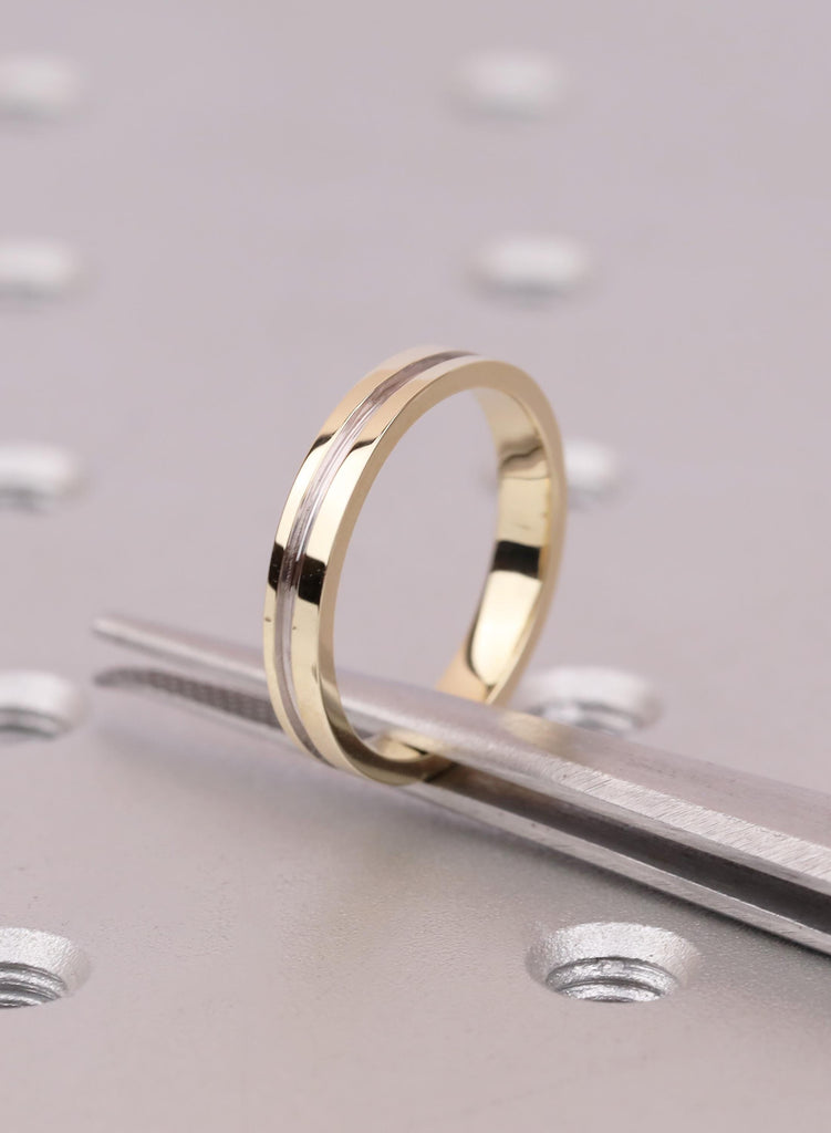 14K Yellow Gold Wedding Band with Silver Inlay, Two Tone Gold Ring, Mixed Metal Wedding Ring, Minimalist Unisex Band, Simple Thin Gold Ring image #1