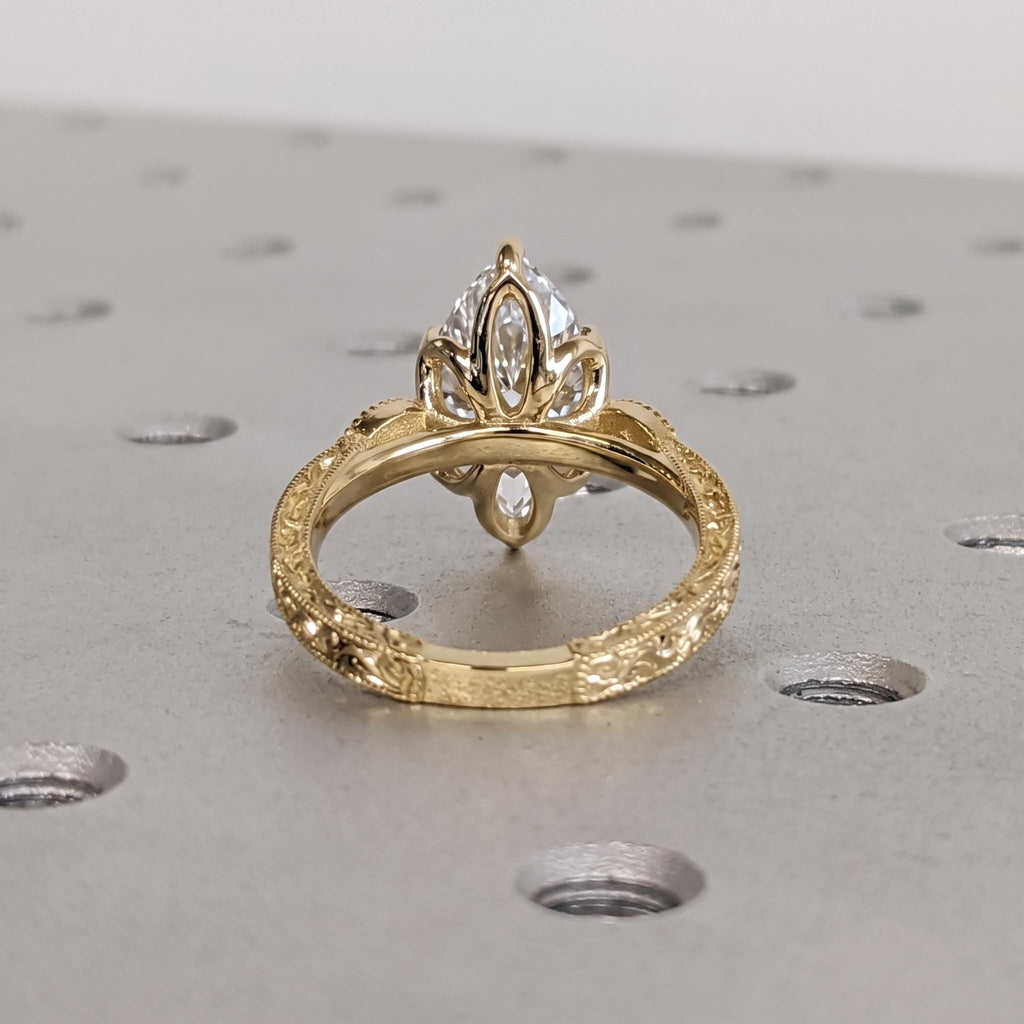 Vintage Promise Ring Oval Lab Made Diamond | Tulip Prong Solid Gold Rings for Women | Handmade Filigree Bridal Jewelry image #3