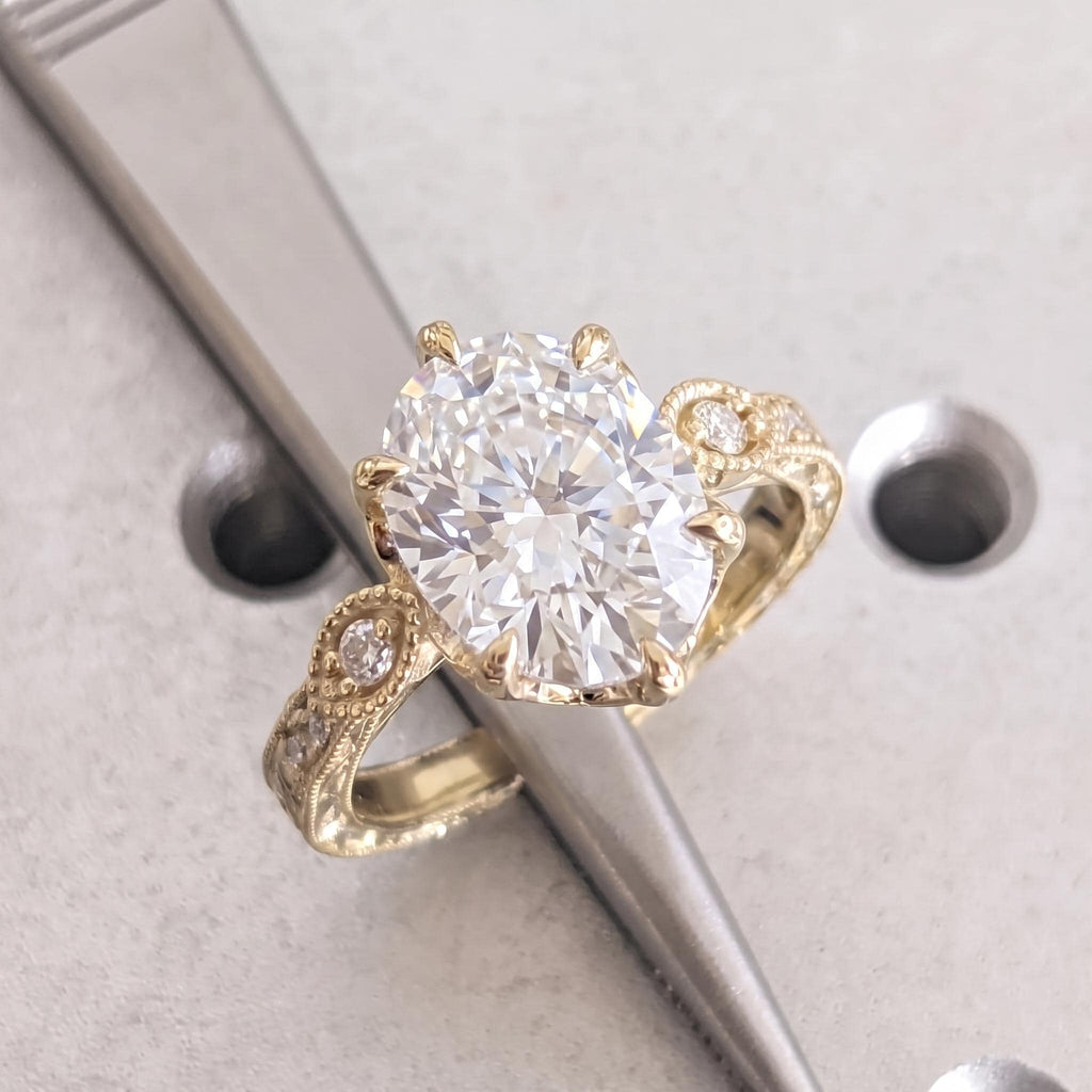 Vintage Tulip Setting Moissanite Engagement Rings for Women | 14K Yellow Gold Filigree Proposal Ring | High End Bridal Jewelry image #2