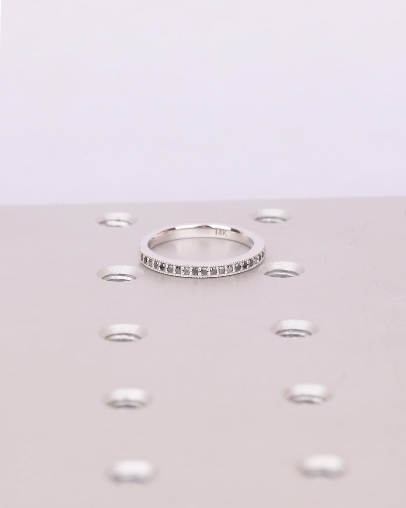 Half Eternity Round Black Diamond Wedding Band, Dainty 18k/14k White Gold Wedding Ring, Handmade Jewelry, Unique Stackable Rings for Women image #20